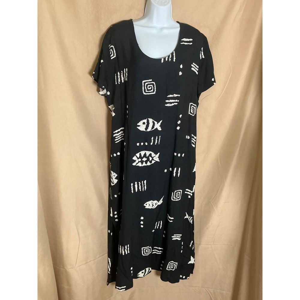 Unbranded Midi Dress Women Size 16 Black White Excellent Tribal Fish Print Shift